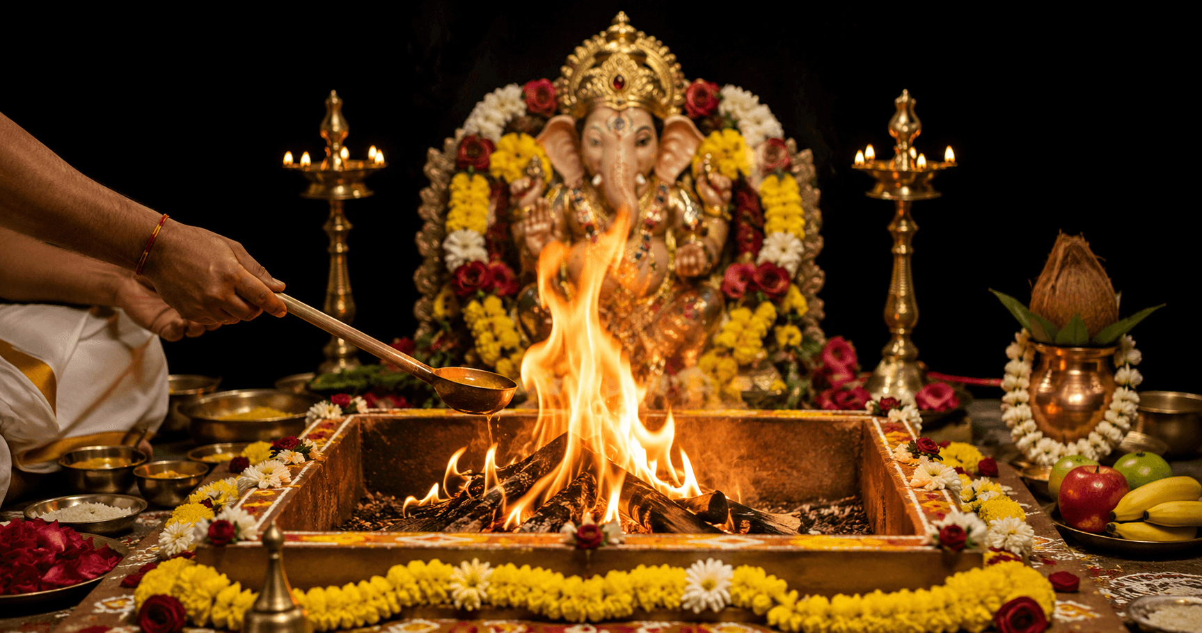 கணபதியின் முன் ஹோம குண்டத்தில் நெய் சமர்ப்பிக்கும் குரு