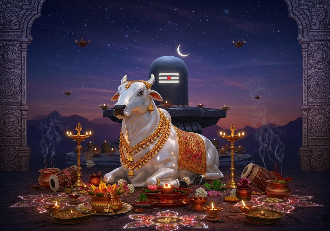 மாலை நேரத்தில் அகல் விளக்குகளுக்கு நடுவே சிவலிங்கத்தின் முன் அமர்ந்திருக்கும் நந்தி