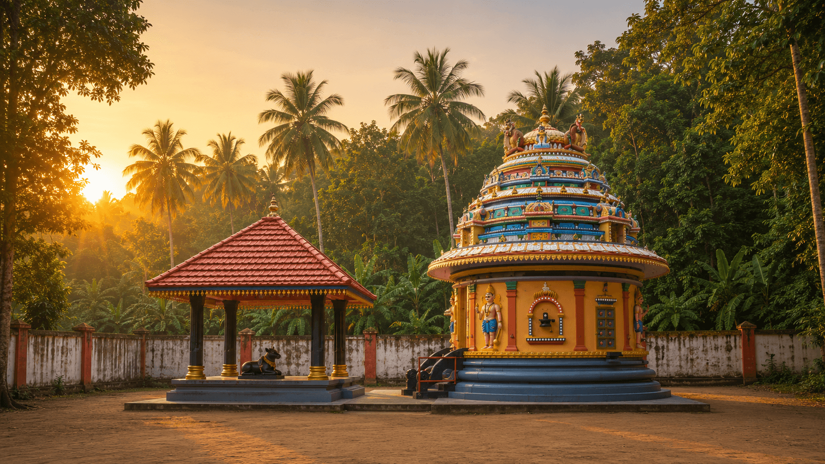 சூரிய உதயத்தில் மாதூர்க்கோணம் ஸ்ரீ மகாதேவர் கோயில் — கருவறை விமானமும் நந்தி மண்டபமும்
